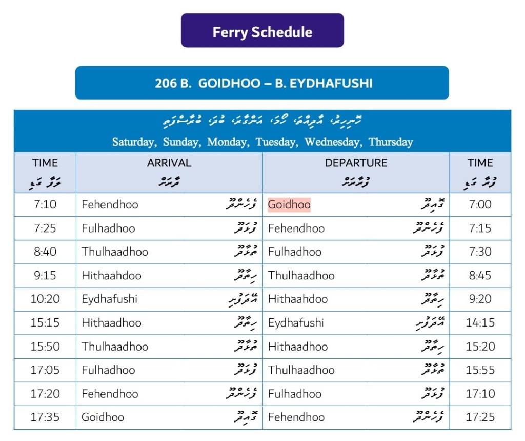 maldives public ferry timetable for boat 2-6 Goidhoo to Eydhafushi
